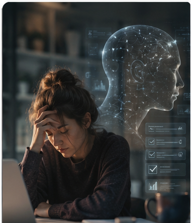 Frau am Laptop, daneben ein KI-Interface — wenn Aufgaben automatisierbar werden